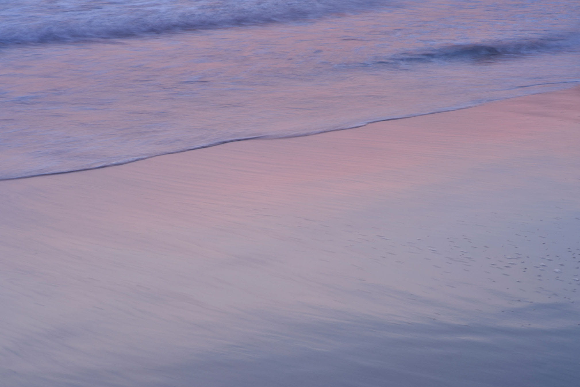 紫色の明かりが水が引いたあとの滑らかな砂浜に反射する